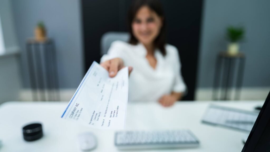 A person holds out their arm and reaches forward presenting a check, demonstrating section 125 benefits.
