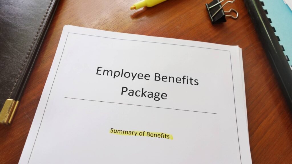 An employee benefits package summary is displayed, demonstrating the beginning of a section 125 plan.